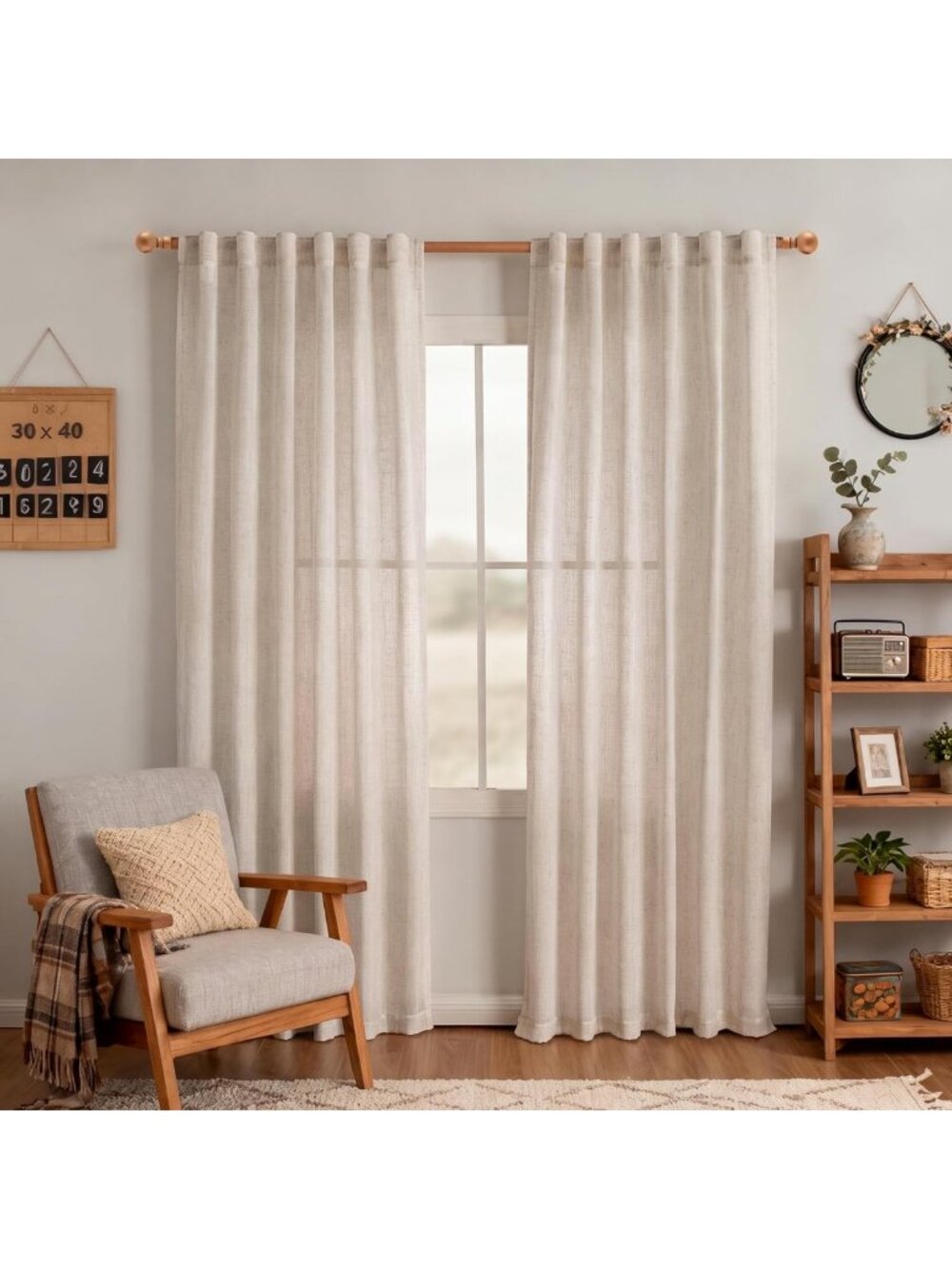 Natural Linen Semi-Sheer Curtains 84" - 2 Panels, Farmhouse Drapes for Living